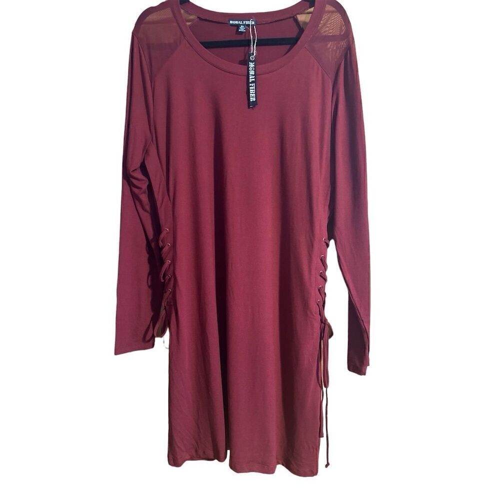 Moral Fiber Burgundy Long Sleeve Mini Dress Waist Ruching Tie Side Soft Stretch